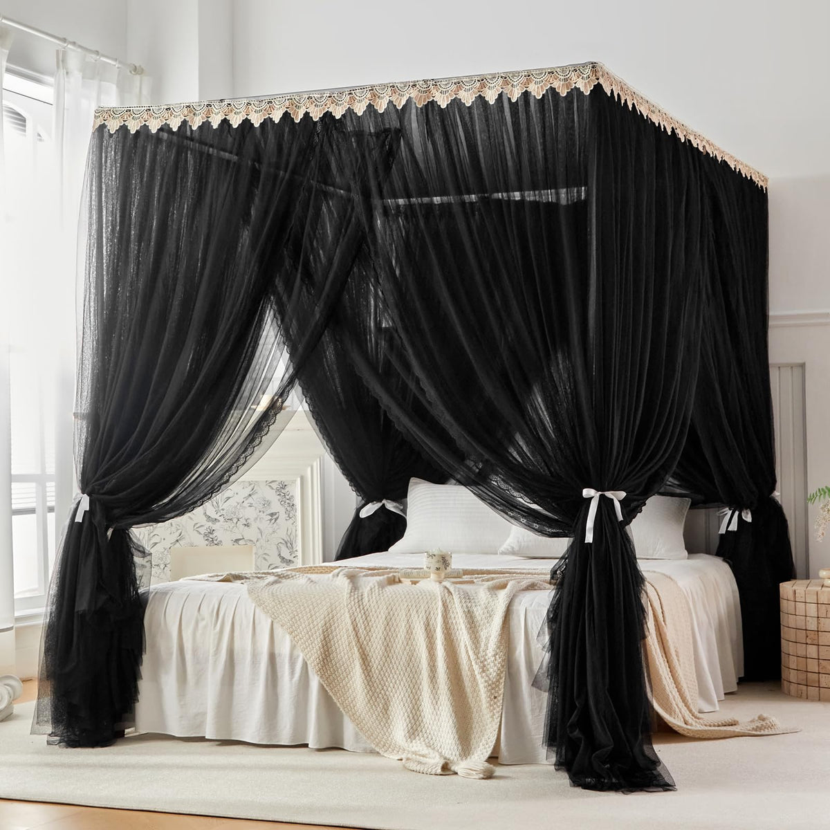 AIKASY Double Layer Canopy Bed Curtains with Mosquito Net, Princess Style Sheer Bed Canopy with Tiebacks, 4 Corner Bed Curtains for Girls Bedroom Decoration (White,Queen)