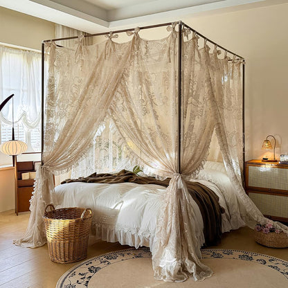 Elegant Lace Princess 4 Corner Post Mosquito Net Romantic for Girls Women Bed Curtain Canopy for Adults Wedding Bedroom Kids Rooms Decoration (Coffee-2, Full)