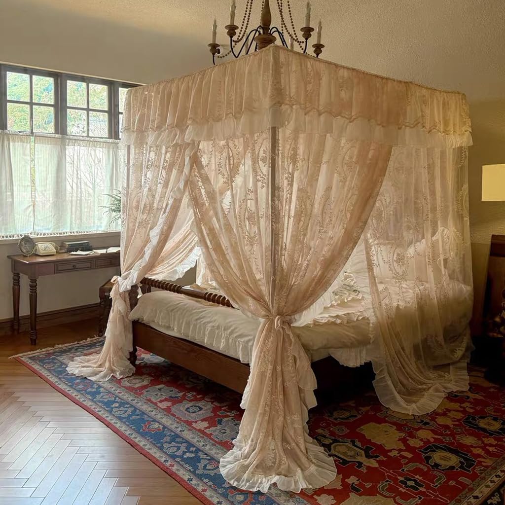 Elegant Lace Princess 4 Corner Post Mosquito Net Romantic for Girls Women Bed Curtain Canopy for Adults Wedding Bedroom Kids Rooms Decoration (Coffee-2, Full)