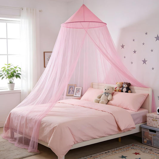 Pink Bed Canopy for Girls Room Decor Canopy for Princess Bed Dome Mosquito Net Canopy Bed for Twin Full Queen Size Bed Curtains,Ceiling Tent for Reading Nooks