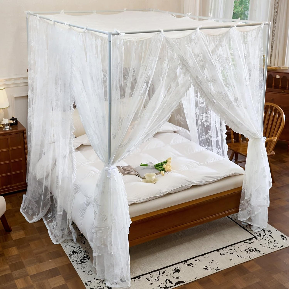 AIKASY Bed Canopy Mosquito Net for 4 Corner Post Beds, Twin Size Lace Bed Curtain with Hanging Ribbons and Floral Embroidery, Sheer Netting for Girls and Adults/White