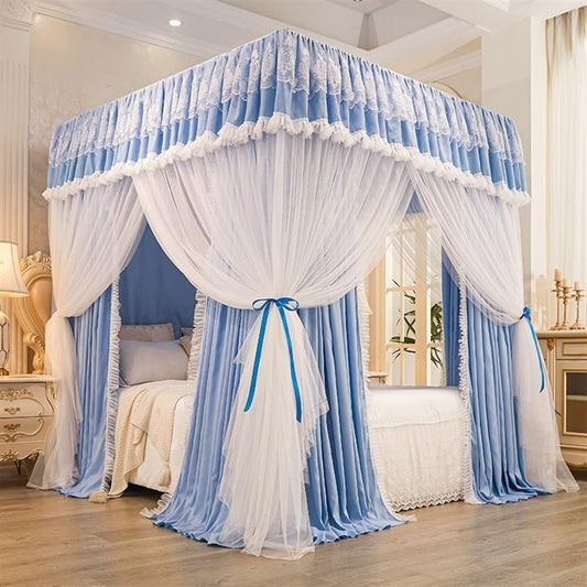 Elegant Lace Bed Canopy with Mosquito Net & Stainless Steel Frame, Roof Style Four Corner Post Princess Bed Canopy Curtains, Canopy Bed Curtains Set, 3-Opening Design(Light Blue,W59 x L78.7)