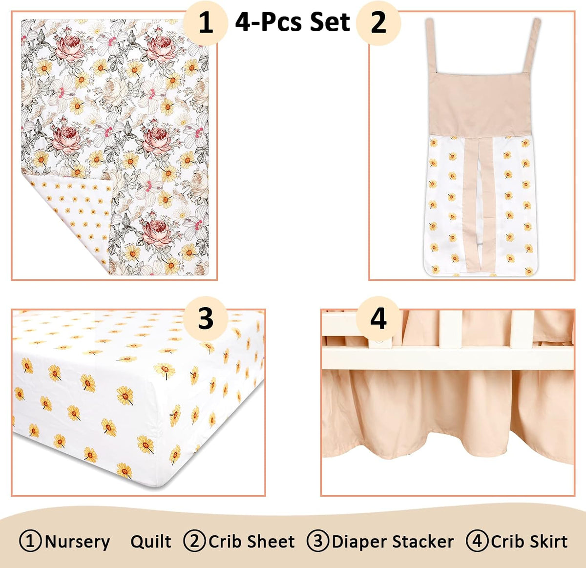 4-Piece Crib Bedding Set for Girls, Boho Baby Girl Bedding Set with Crib Skirt, Baby Quilt, Crib Sheet and Diaper Stacker, Flower