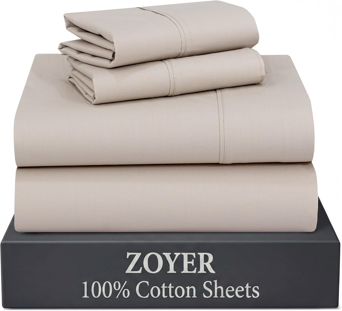 ZOYER 100% Cotton Queen Sheets, Percale Weave, Soft Sand