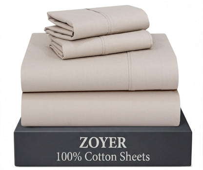 ZOYER 100% Cotton Queen Sheets, Percale Weave, Soft Sand