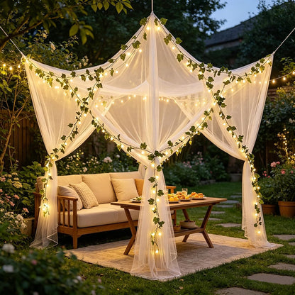 Akiky Bed Canopy with Lights Vines Canopy Bed Curtains Bed Mosquito net for Patio Indoor Outdoor Net Artificial Plant Leaves Decoration(White,King)