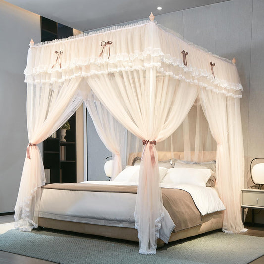Mengersi Bed Canopy for Girls,Canopy Bed Curtains Queen Size Bed,Bow Double Layer Drape Netting Mosquito Net Bedroom Decoration Accessories (Queen, Ivory)