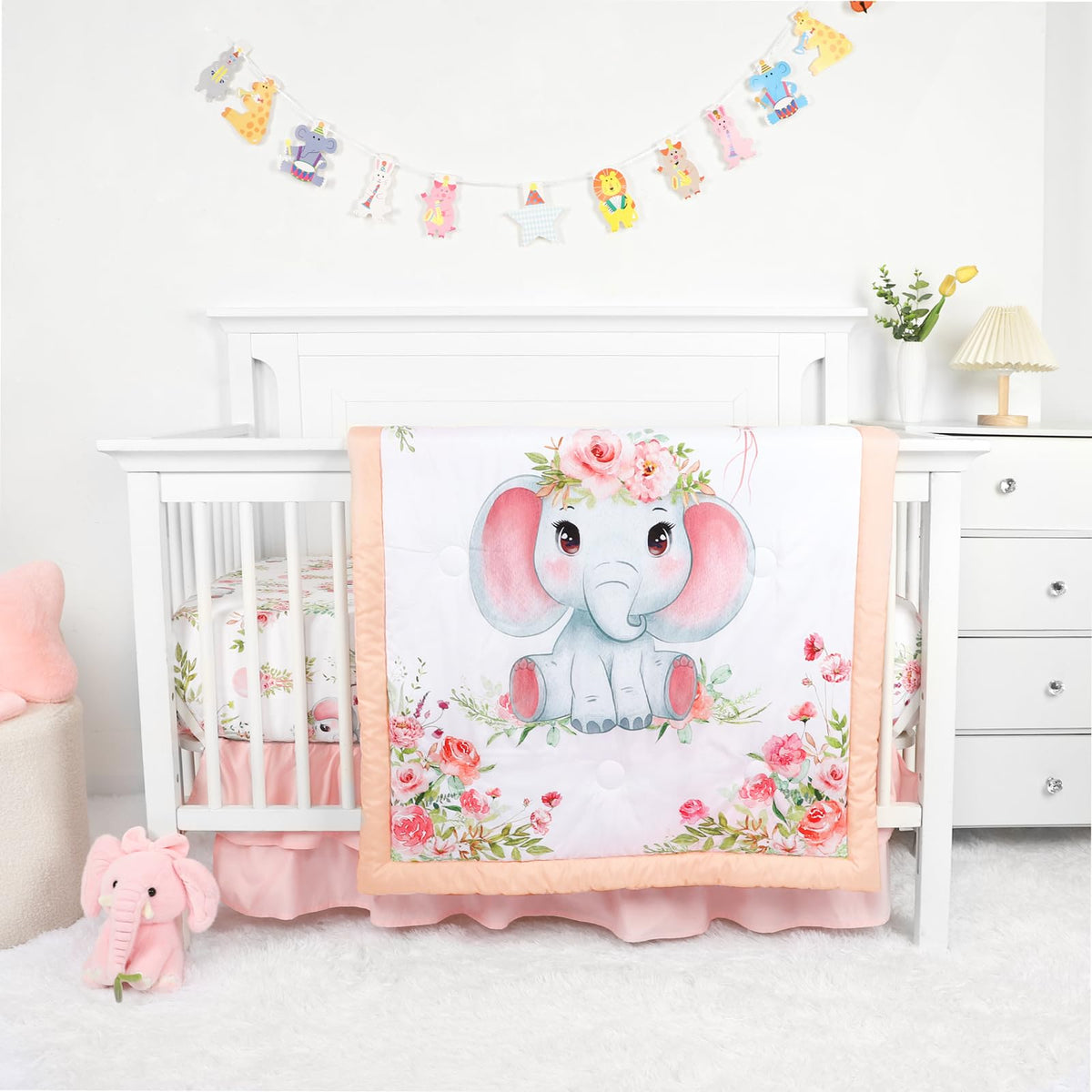 4-Piece Crib Bedding Set for Girls, Baby Nursery Bedding Sets Pink Includes Comforter, Fitted Crib Sheet, Crib Skirt, and Diaper Stacker, Soft Standard Size Crib Comforter Set, Goose