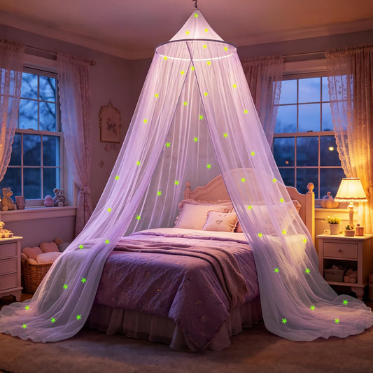 Purple Bed Canopy with Glowing Stars for Girls Mosquito Net Room Decor