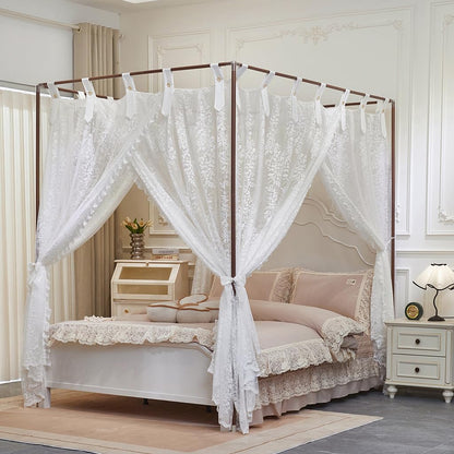 Elegant Lace Princess 4 Corner Post Mosquito Net Romantic for Girls Women Bed Curtain Canopy for Adults Wedding Bedroom Kids Rooms Decoration (Coffee-2, Full)