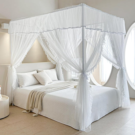 AIKASY 4 Corners Post Ruffle Princess Bed Canopy Curtain - Double Layer Cozy Drape Netting with 4 Openings - Elegant Mosquito Net for Girls and Adults Bedroom Decoration (White,Full)