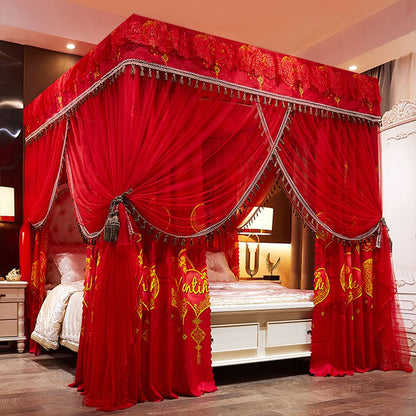 Princess 4 Corner Post Bed Canopy & Cute Mosquito Net for Girls Bed Adult Bedroom Kids Rooms ; Curtain Net for Twin/Full/Queen/King Size Bed (Solid-Wine Red, King)