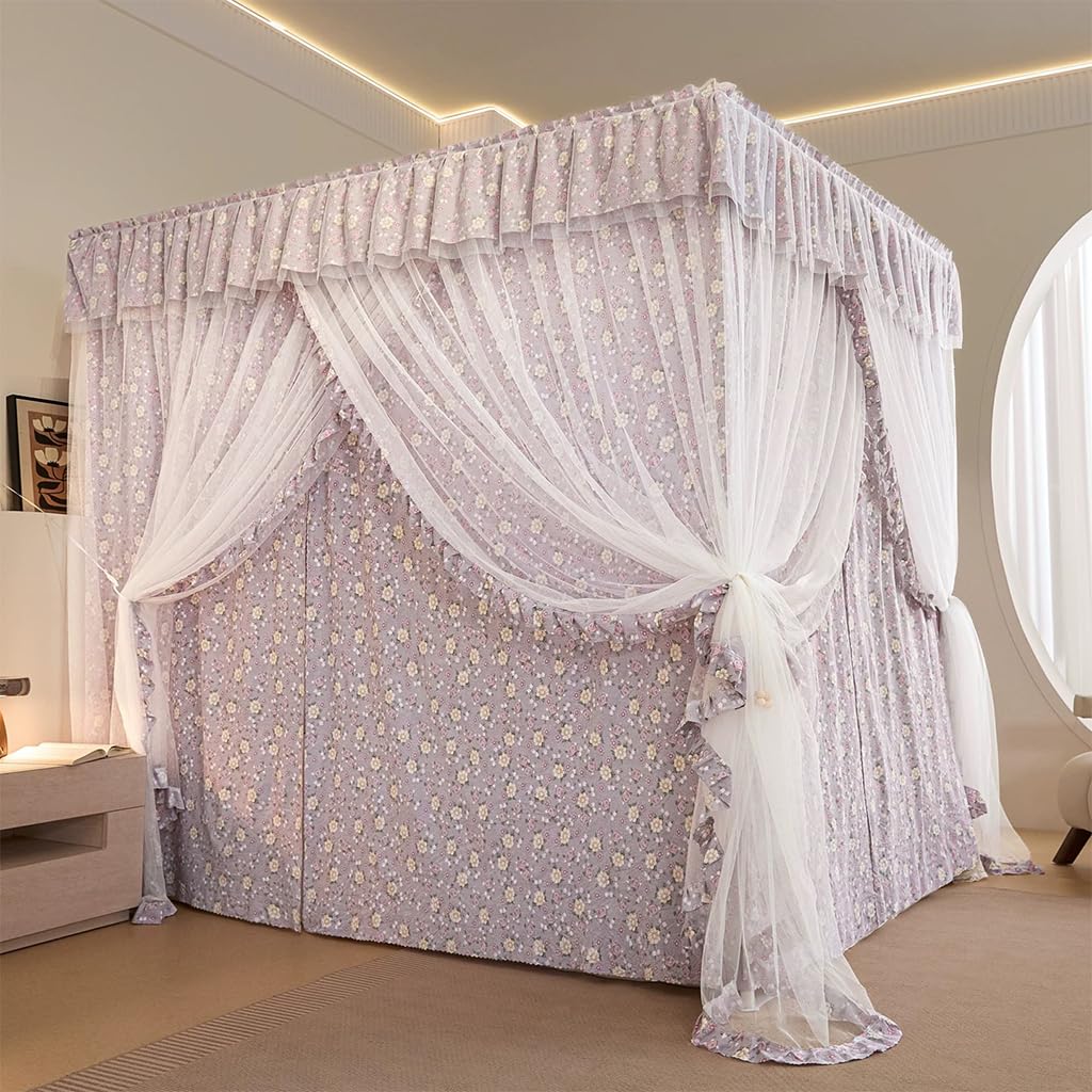 Princess 4 Corner Post Bed Canopy & Cute Mosquito Net for Girls Bed Adult Bedroom Kids Rooms ; Curtain Net for Twin/Full/Queen/King Size Bed (Solid-Wine Red, King)