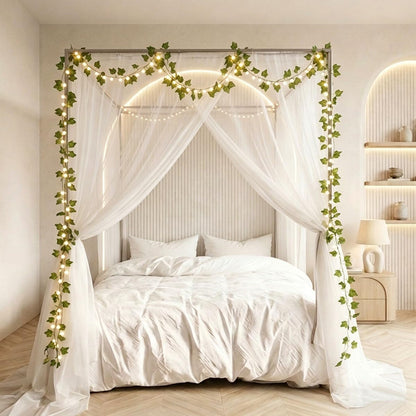 Akiky Bed Canopy with Lights Vines Canopy Bed Curtains Bed Mosquito net for Patio Indoor Outdoor Net Artificial Plant Leaves Decoration(White,King)