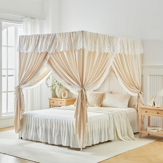 Canopy Bed Curtains - 4 Corners Post Ruffle Lace Princess Bed Canopy Elegant Cozy Drape Netting 4 Opening Mosquito Net for Bedroom Chic Privacy Decoration - Easy Installation Queen Cream White
