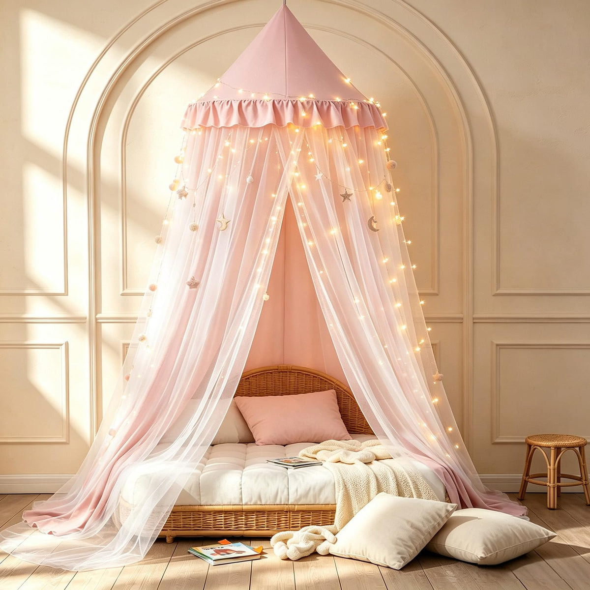 Kertnic Princess Bed Canopy for Girls, Double Layer Round Bed Mosquito Net, 31.5" Large Dome Indoor Castle Bed Tent, Sleeping & Reading Nook Curtain for Boys Girls (Beige Pink)