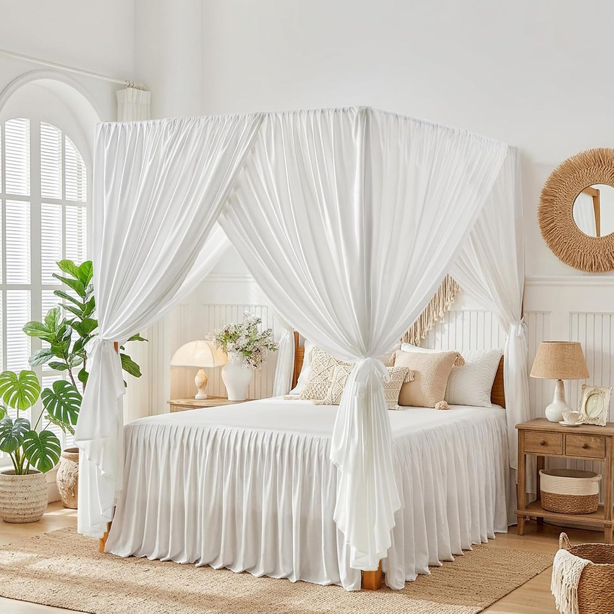 Canopy Bed Curtains - 4 Corners Post Ruffle Princess Bed Canopy Elegant Cozy Drape Netting 4 Opening Mosquito Net for Bedroom Chic Beautiful Privacy Decoration - Easy Installation Queen White