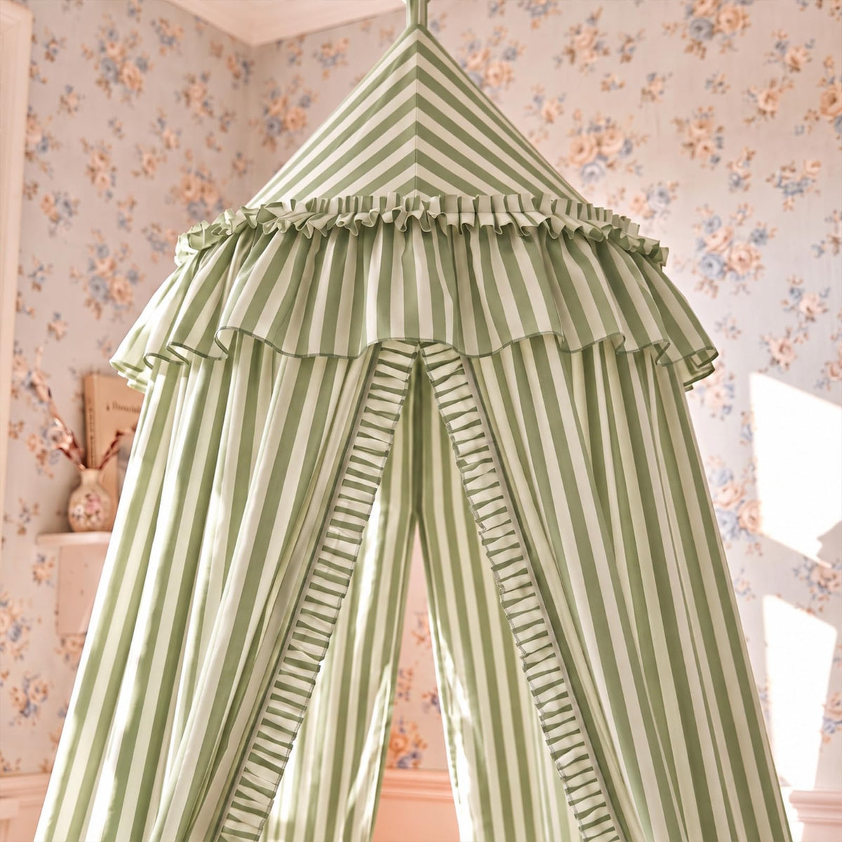 SmoothNovelty Oatmeal Striped Bed Canopy with Ruffles