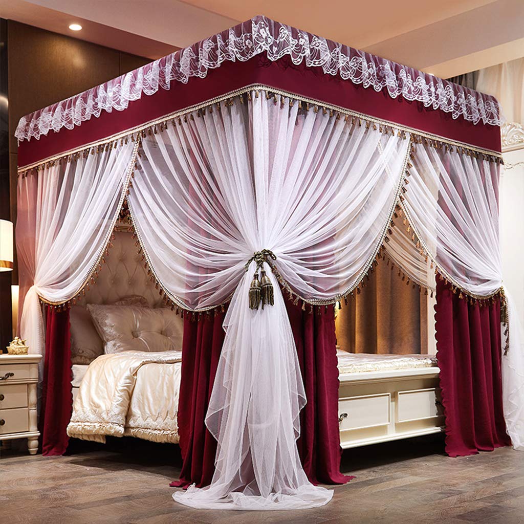 Princess 4 Corner Post Bed Canopy & Cute Mosquito Net for Girls Bed Adult Bedroom Kids Rooms ; Curtain Net for Twin/Full/Queen/King Size Bed (Solid-Wine Red, King)