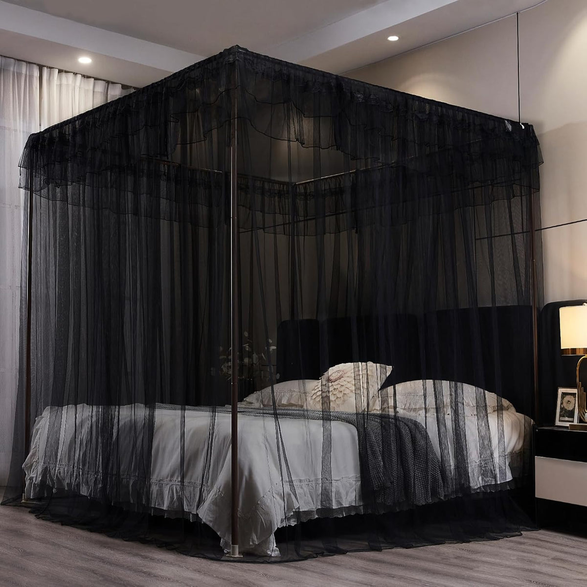 Kertnic Black Canopy Bed Curtains for Girls & Adults, Queen King Bed Canopy Drapes Netting, Practical Mosquito Net for Bed (Black, King- 86" W*78" L*82" H)