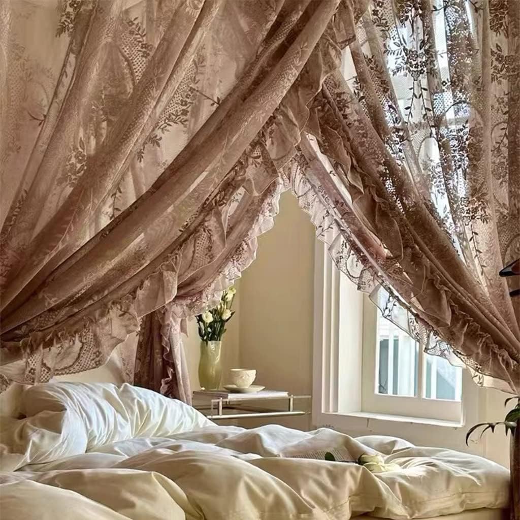 Obokidly Retro Lace Mosquito Net Oldshools Fashioned Style Bed Curtain Canopy for Girls Adults Women Queen King Cal Size Bed (Coffee-2, 53" W x 78" L (Pack of 1))