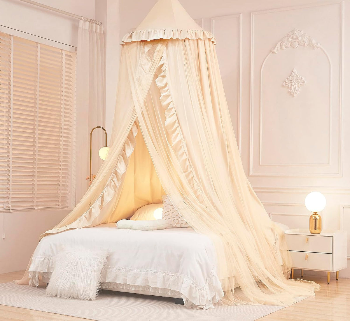 Mengersi Bed Canopy for Girls Kids,Double Canopy Bed Curtains Round Dome Mosquito Net Castle Play Tent Castle for Girls Room Decor (Ivory/Double)