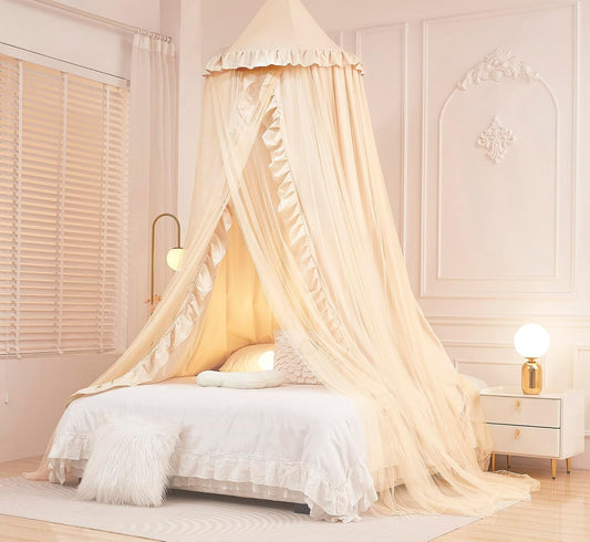 Mengersi Bed Canopy for Girls Kids,Double Canopy Bed Curtains Round Dome Mosquito Net Castle Play Tent Castle for Girls Room Decor (Ivory/Double)