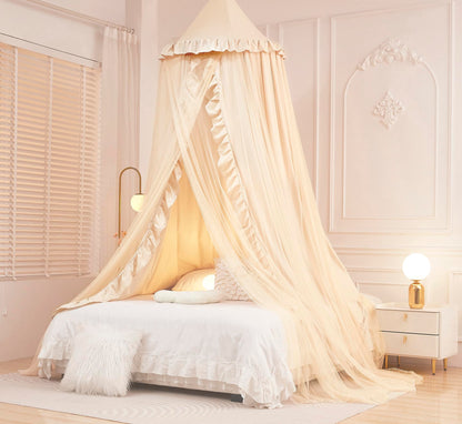 Mengersi Bed Canopy for Girls Kids,Double Canopy Bed Curtains Round Dome Mosquito Net Castle Play Tent Castle for Girls Room Decor (Ivory/Double)