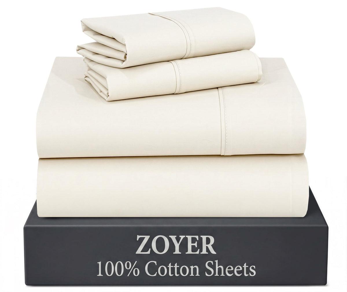 ZOYER 100% Cotton Queen Sheets, Percale Weave, Soft Sand