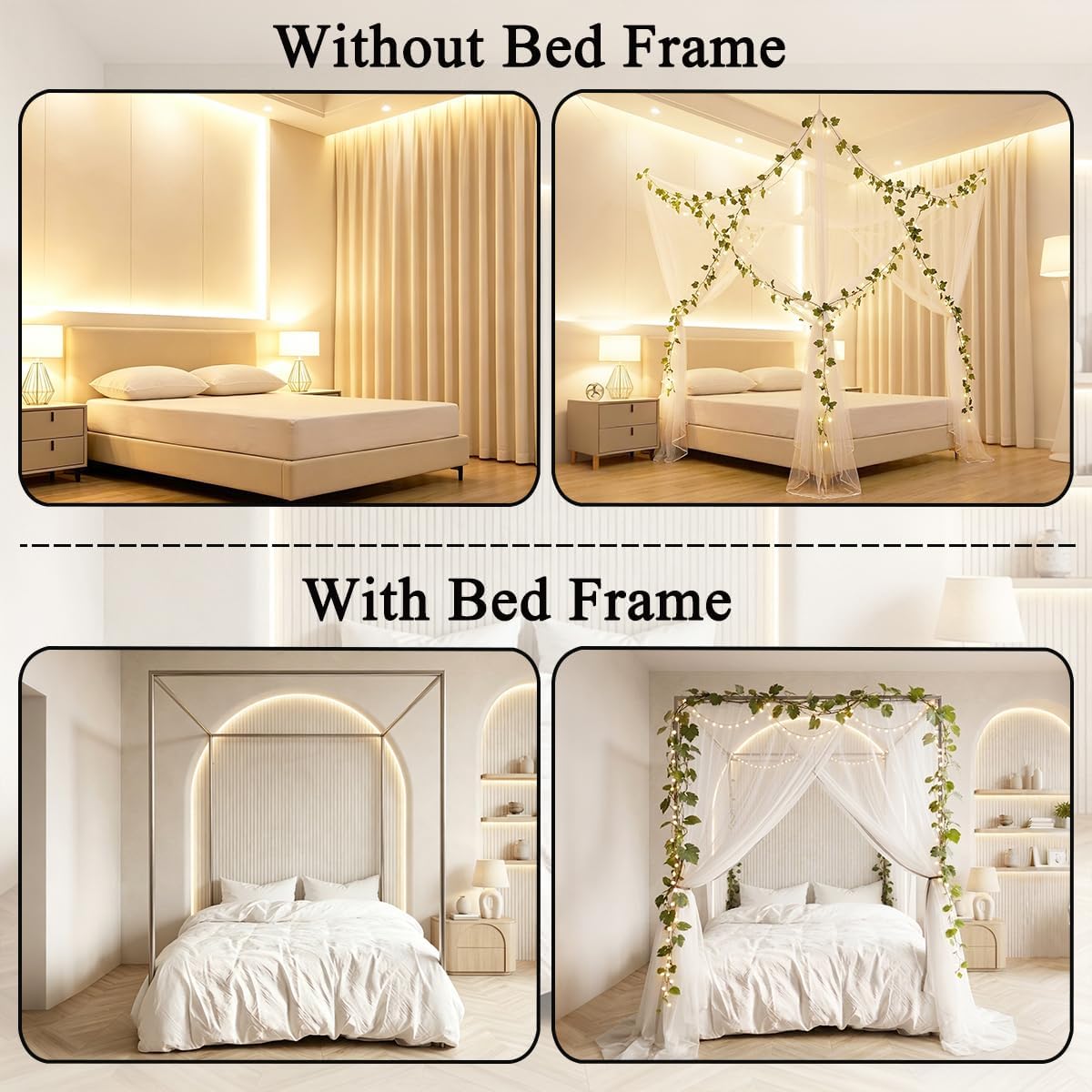 Akiky Bed Canopy with Lights Vines Canopy Bed Curtains Bed Mosquito net for Patio Indoor Outdoor Net Artificial Plant Leaves Decoration(White,King)
