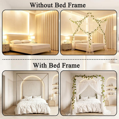 Akiky Bed Canopy with Lights Vines Canopy Bed Curtains Bed Mosquito net for Patio Indoor Outdoor Net Artificial Plant Leaves Decoration(White,King)