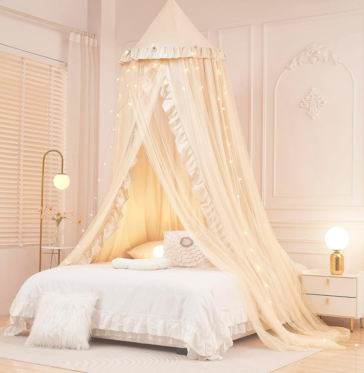 Mengersi Bed Canopy for Girls Kids,Double Canopy Bed Curtains Round Dome Mosquito Net Castle Play Tent Castle for Girls Room Decor (Ivory/Double)