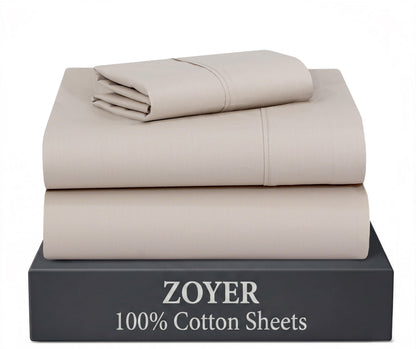ZOYER 100% Cotton Queen Sheets, Percale Weave, Soft Sand