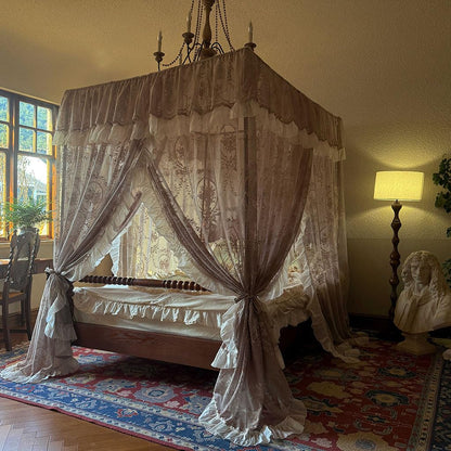 Elegant Lace Princess 4 Corner Post Mosquito Net Romantic for Girls Women Bed Curtain Canopy for Adults Wedding Bedroom Kids Rooms Decoration (Coffee-2, Full)