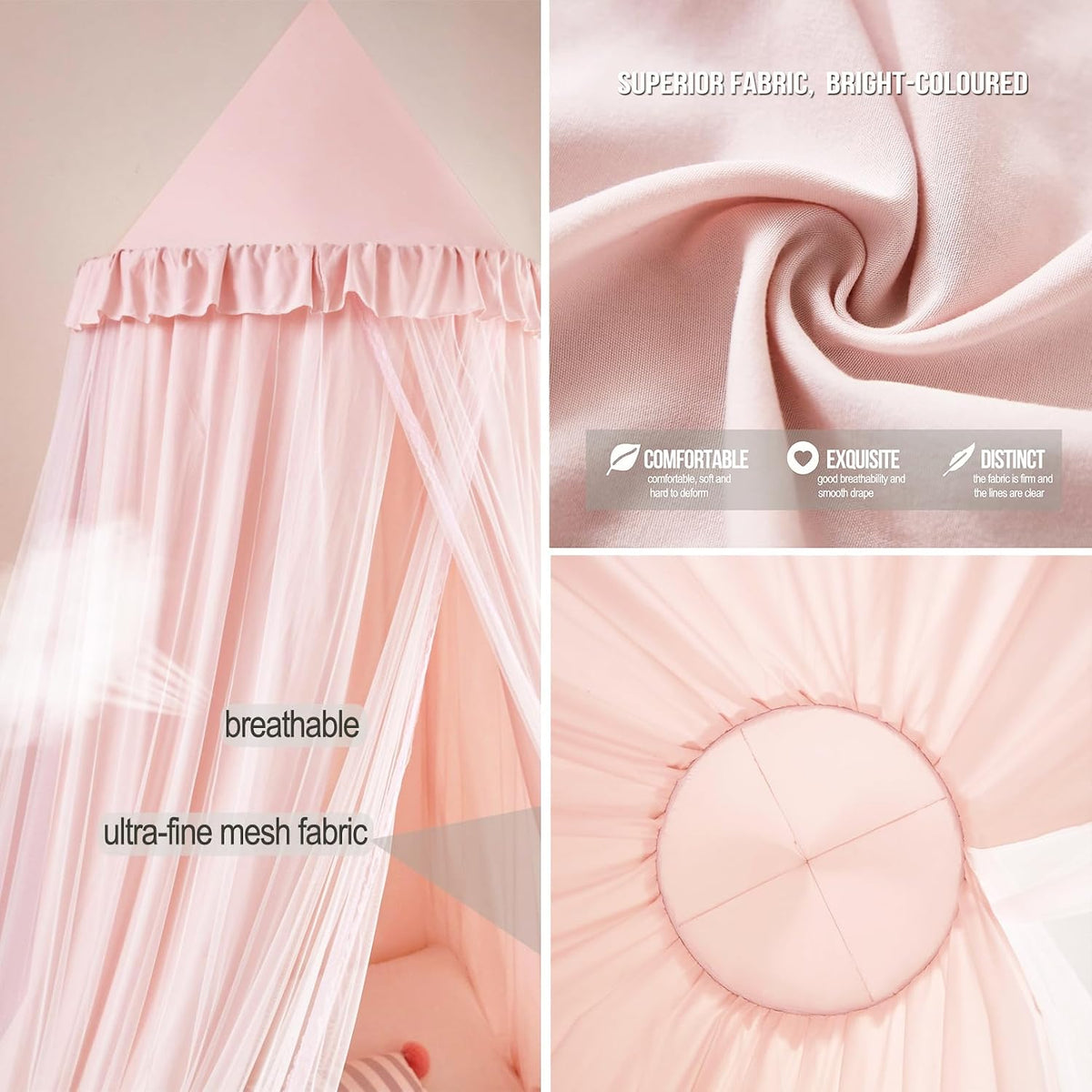 Kertnic Princess Bed Canopy for Girls, Double Layer Round Bed Mosquito Net, 31.5" Large Dome Indoor Castle Bed Tent, Sleeping & Reading Nook Curtain for Boys Girls (Beige Pink)