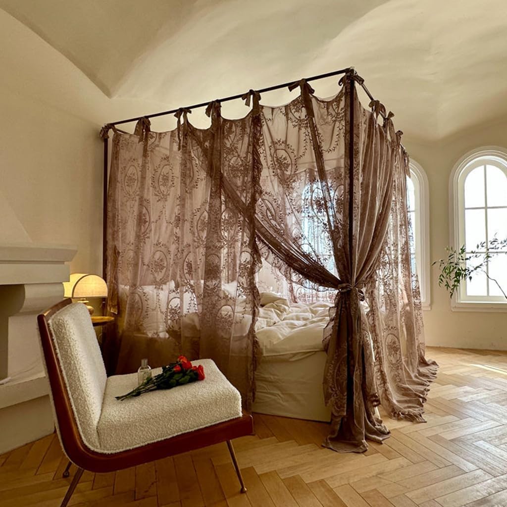 Elegant Lace Princess 4 Corner Post Mosquito Net Romantic for Girls Women Bed Curtain Canopy for Adults Wedding Bedroom Kids Rooms Decoration (Coffee-2, Full)