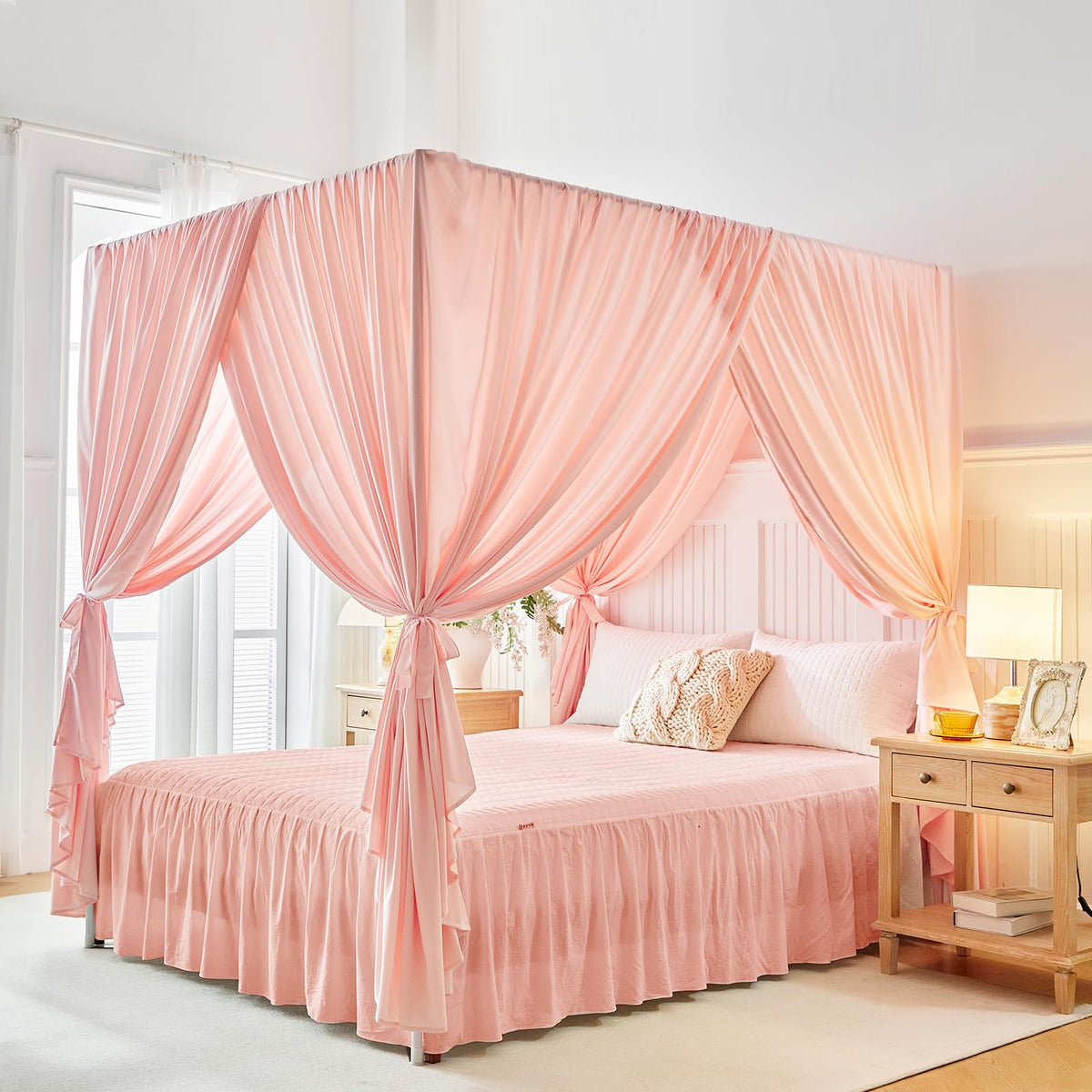 Canopy Bed Curtains - 4 Corners Post Ruffle Princess Bed Canopy Elegant Cozy Drape Netting 4 Opening Mosquito Net for Bedroom Chic Beautiful Privacy Decoration - Easy Installation Queen White