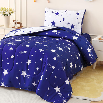 Twin Size Sky Blue Comforter Set for Kids, Toddler, Boys&Girls, 4 Pieces Bed-in-a-Bag Bedding Set, All Season Ultra Soft Oeko TEX Sheets Set with Comforter, (Rainbow)
