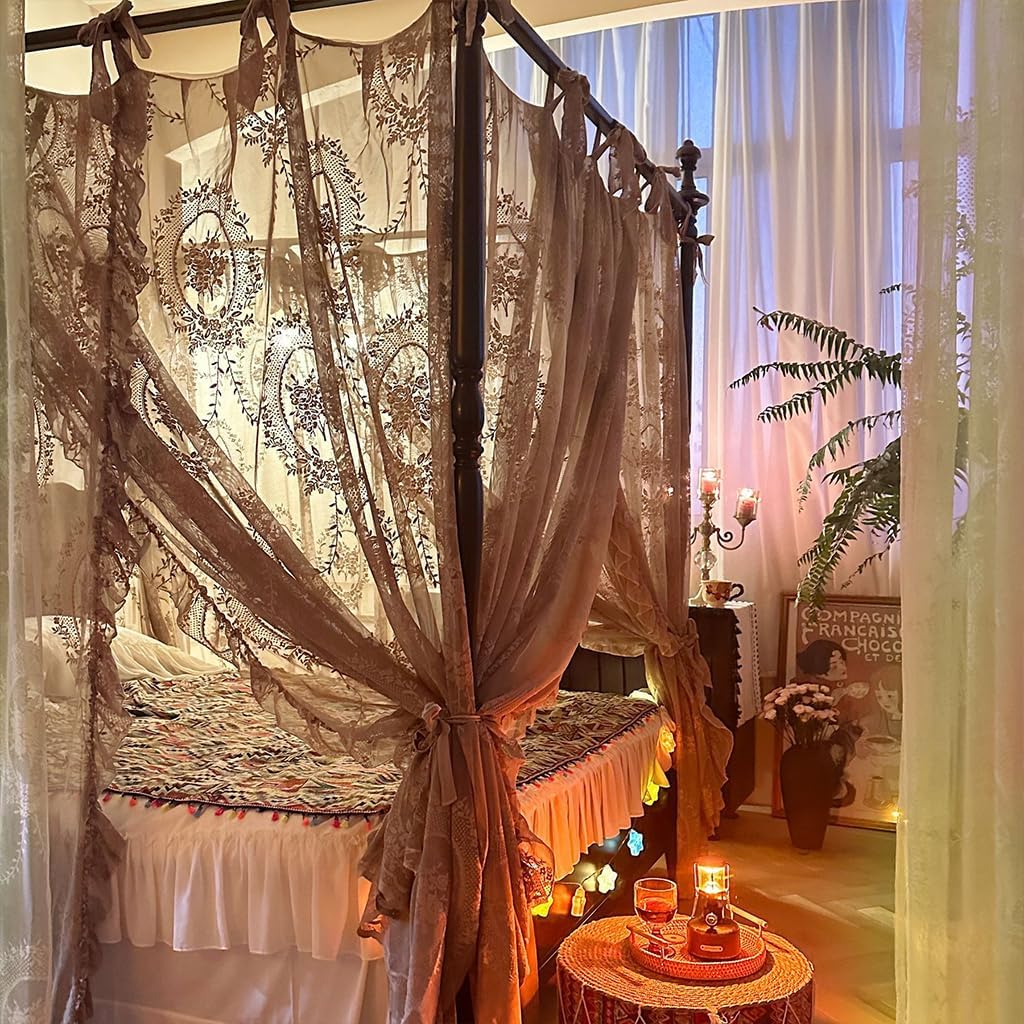 Elegant Lace Princess 4 Corner Post Mosquito Net Romantic for Girls Women Bed Curtain Canopy for Adults Wedding Bedroom Kids Rooms Decoration (Coffee-2, Full)