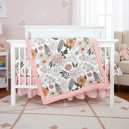 4-Piece Crib Bedding Set for Girls, Boho Baby Girl Bedding Set with Crib Skirt, Baby Quilt, Crib Sheet and Diaper Stacker, Flower