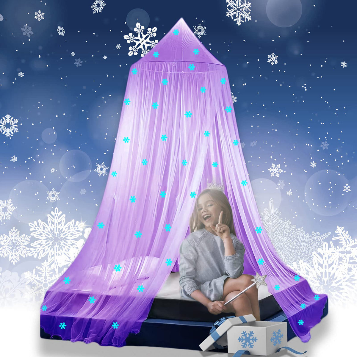 Bed Canopy for Girls Mosquito Net, Princess Bed Canopy for Girls Room Decor - Insect Protection Hanging Canopy for Indoor(Pink,Stars Glow in the Dark)
