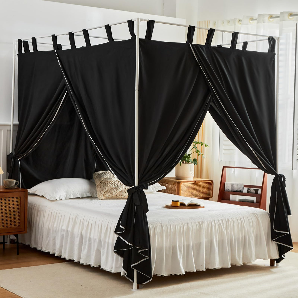 AIKASY White Canopy Bed Curtains with Top Ties and Tie Backs for Bedroom Decoration (Twin, Camel)