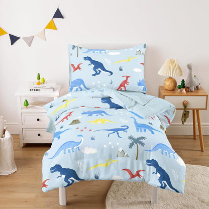Wake In Cloud - Toddler Bedding Set for Boys, Colorful Jurassic Dinosaur Volcano, 4 Pieces Soft Crib Bed Set Including Comforter, Sheets and Pillowcase, Light Blue