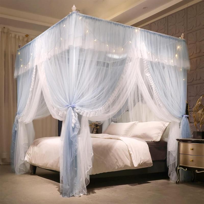 4 Corners  Ruffle Princess Bed Canopy Curtain-Double Layer Cozy Drape Netting 4 Opening Mosquito Net for Girls Adults Bedroom Decoration (White/White, 78" W*86" L*82"*H/())