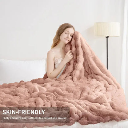 500GSM Faux Rabbit Fur Plush Blanket, Ultra Soft Fluffy Plush Throw for Stress & Anxiety Relief, Thick Warm Cozy Blanket for Couch, Bed, Travel & Relaxation, Oversized, Cozy, Soft Warm Throw