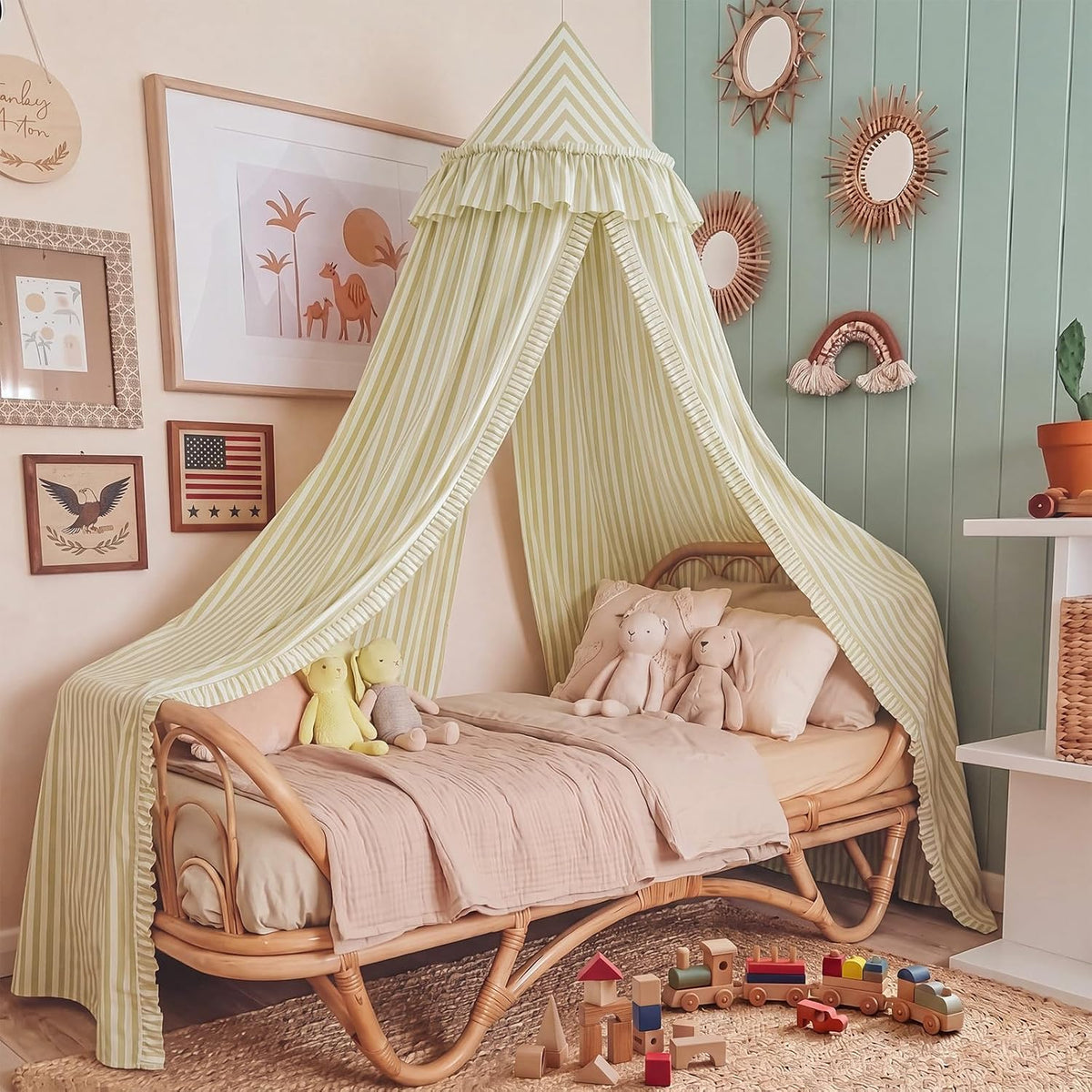 SmoothNovelty Oatmeal Striped Bed Canopy with Ruffles
