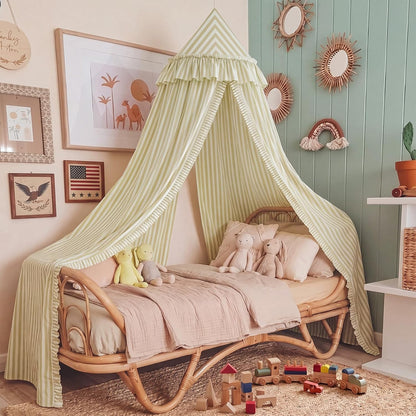 SmoothNovelty Oatmeal Striped Bed Canopy with Ruffles