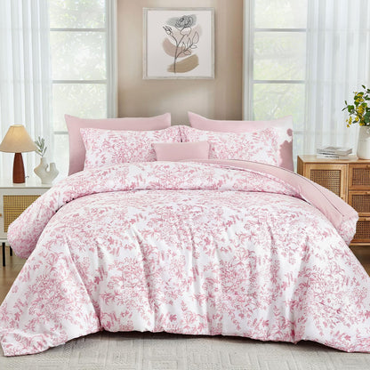 WONGS BEDDING Queen Size Comforter Set, 8 Pieces Pink Floral Bed in a Bag Comferter Sets, Botanical Print Soft Fluffy Microfiber Complete Bedding Sets for All Season (90"x90")