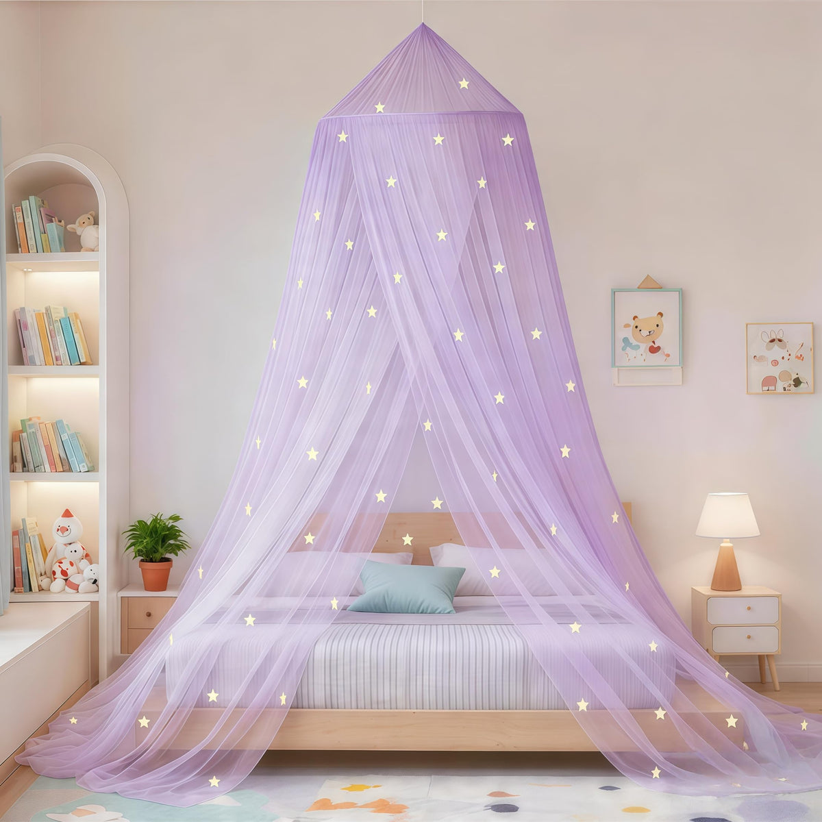 Bed Canopy for Girls Mosquito Net, Princess Bed Canopy for Girls Room Decor - Insect Protection Hanging Canopy for Indoor(Pink,Stars Glow in the Dark)