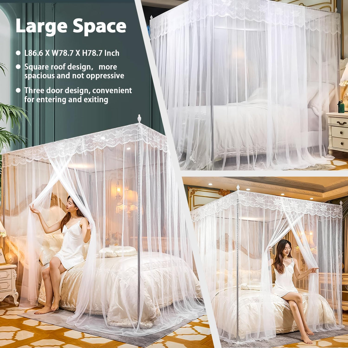3‑Side Opening Mosquito Net Canopy with Frame, Lace Breathable Bed Curtain